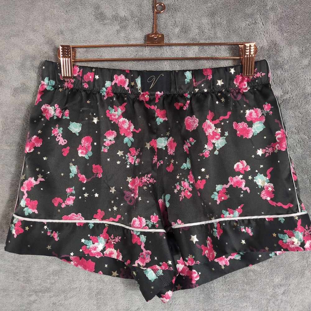 Victoria's Secret Black Floral Star Satin Pajama Shorts XS Pink Loungewear - Picture 2 of 10